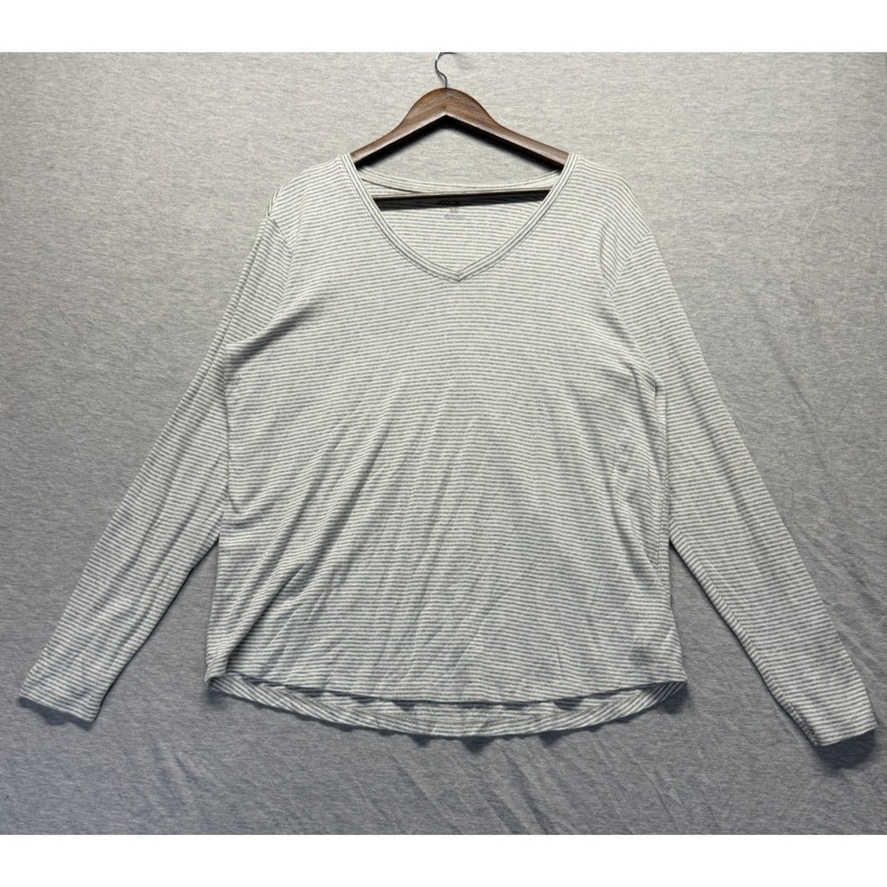 Eddie Bauer Shirt Women 2XL White Gray Striped Cotton Stretch Long Sleeve V Neck